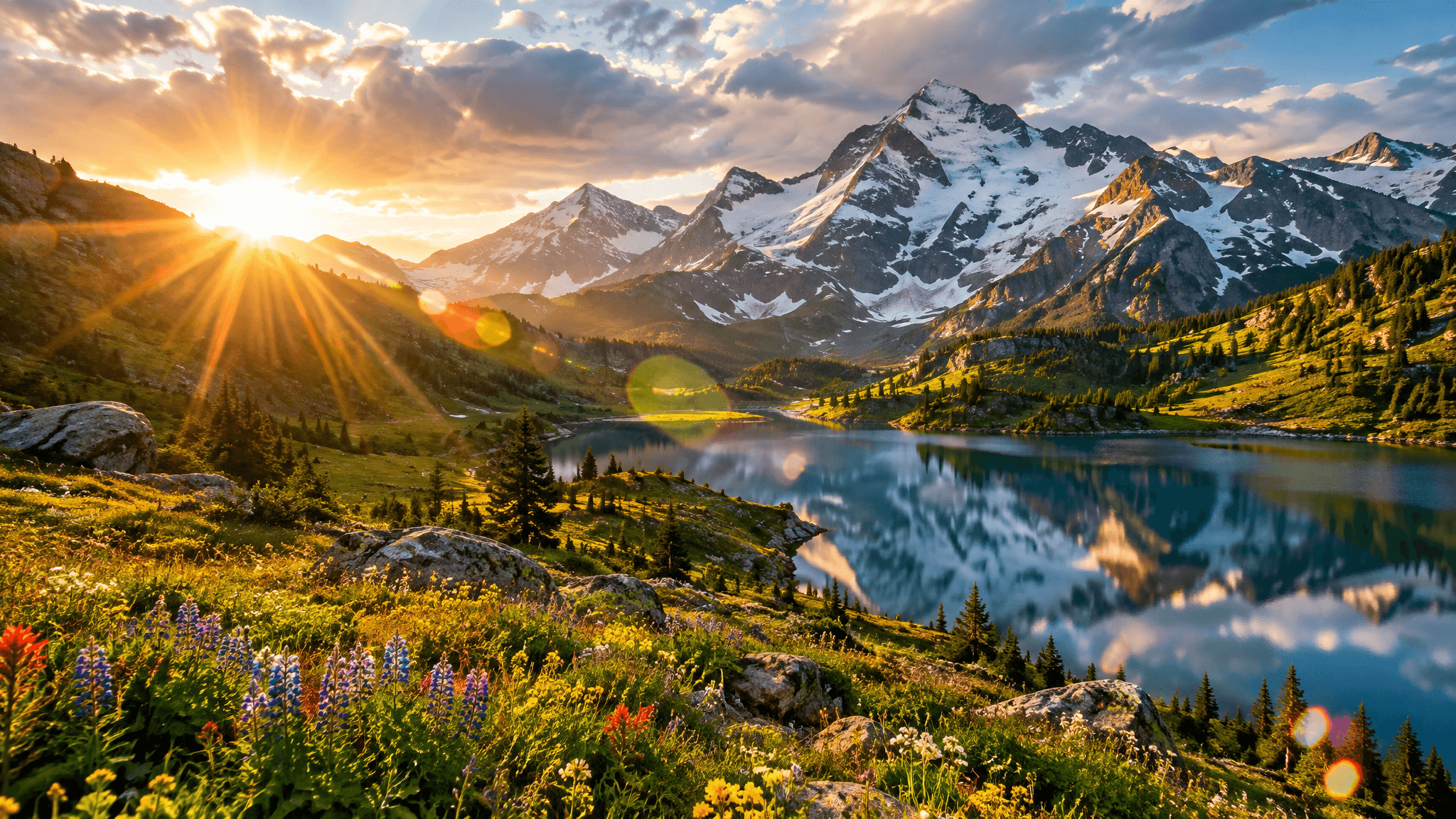 Breathtaking mountain landscape with dramatic flare lighting at golden hour