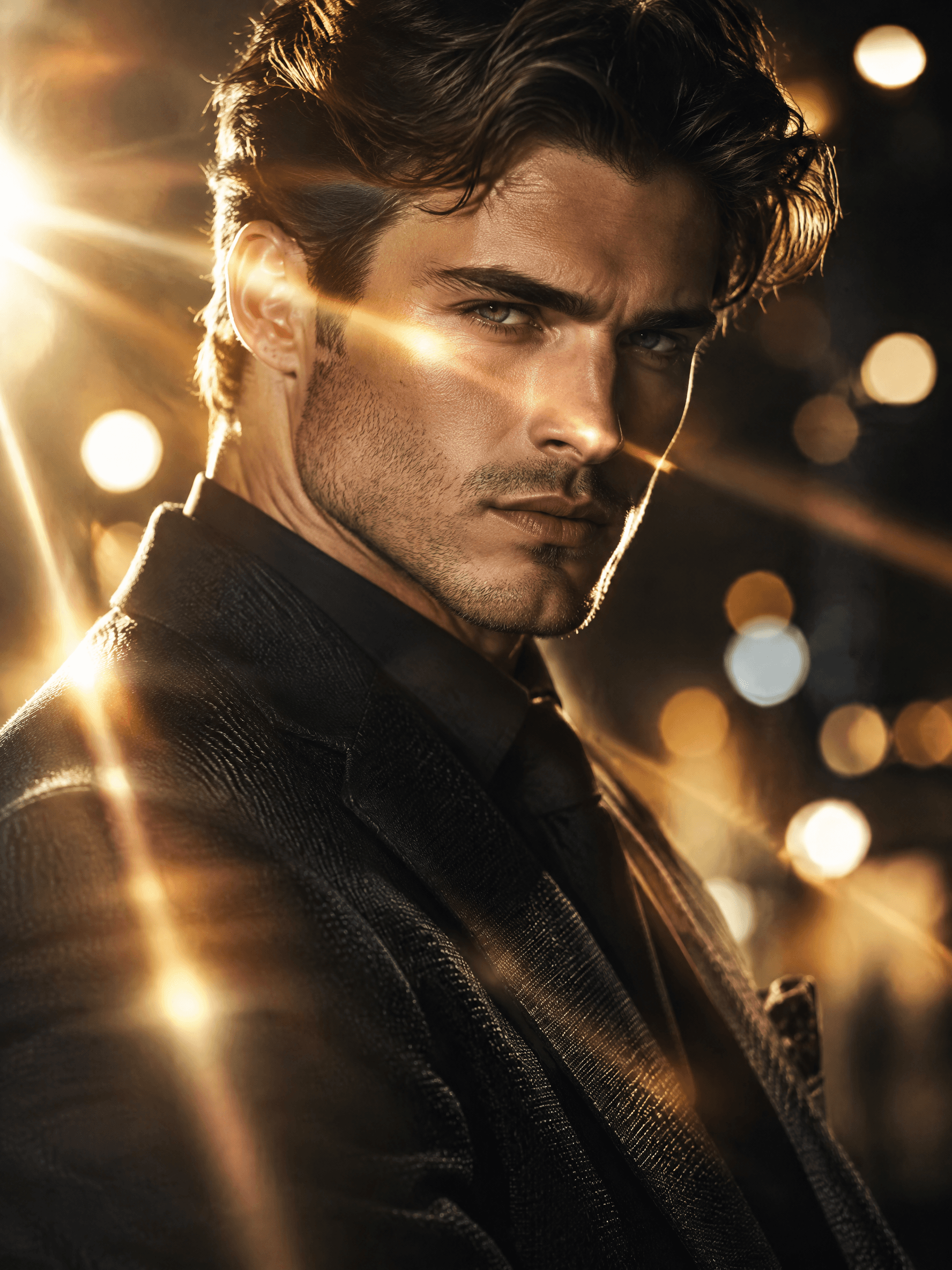 Dramatic male portrait with flare lighting effects and cinematic atmosphere