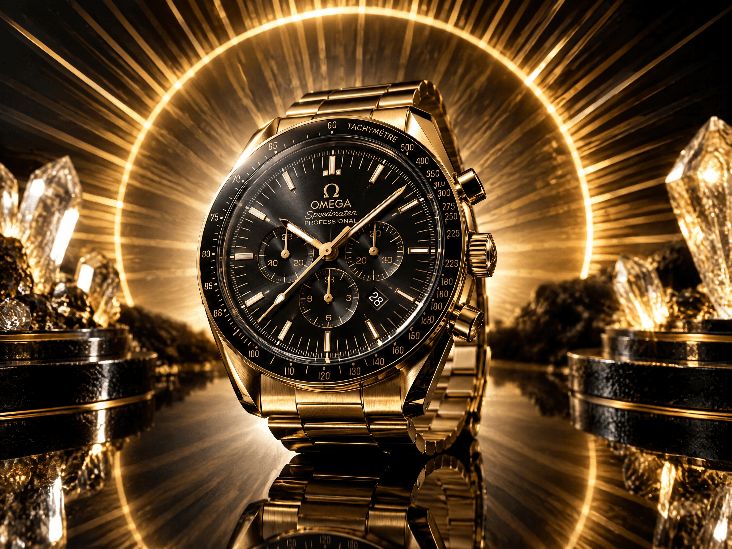 Luxury wristwatch product photography with radiant sunburst energy patterns
