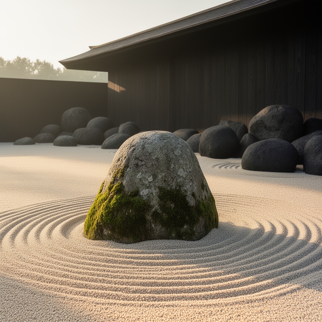 A serene Japanese zen garden with raked sand, moss stones, minimal wooden architecture, morning sun, tranquil mood.