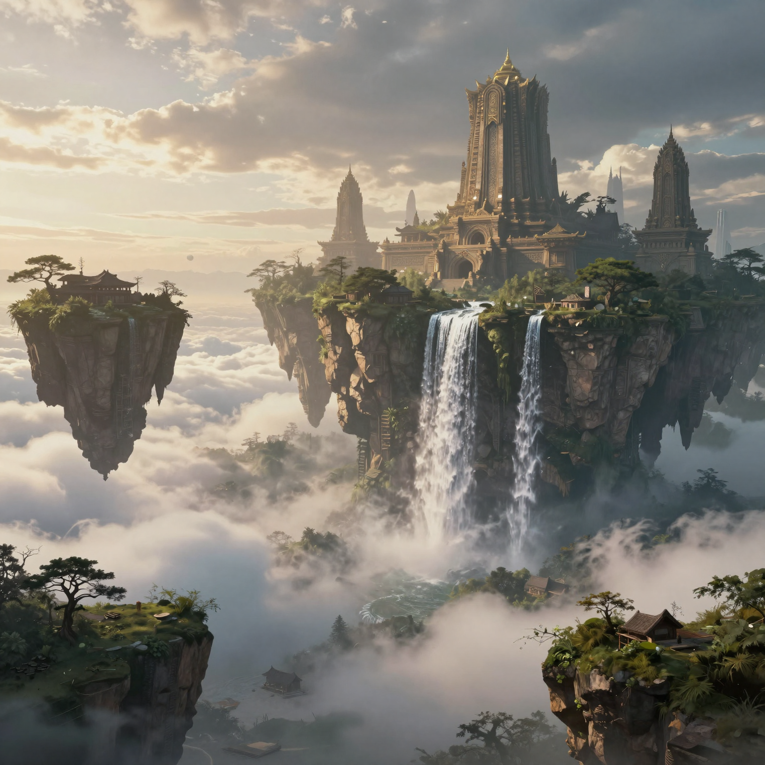 AI-generated fantasy landscape of floating islands with cascading waterfalls