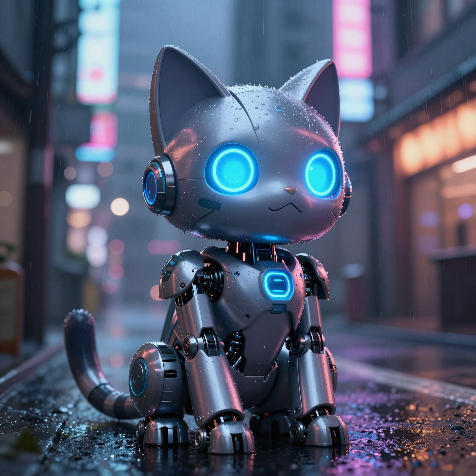 AI-generated cyberpunk robot cat in a neon-lit rainy city