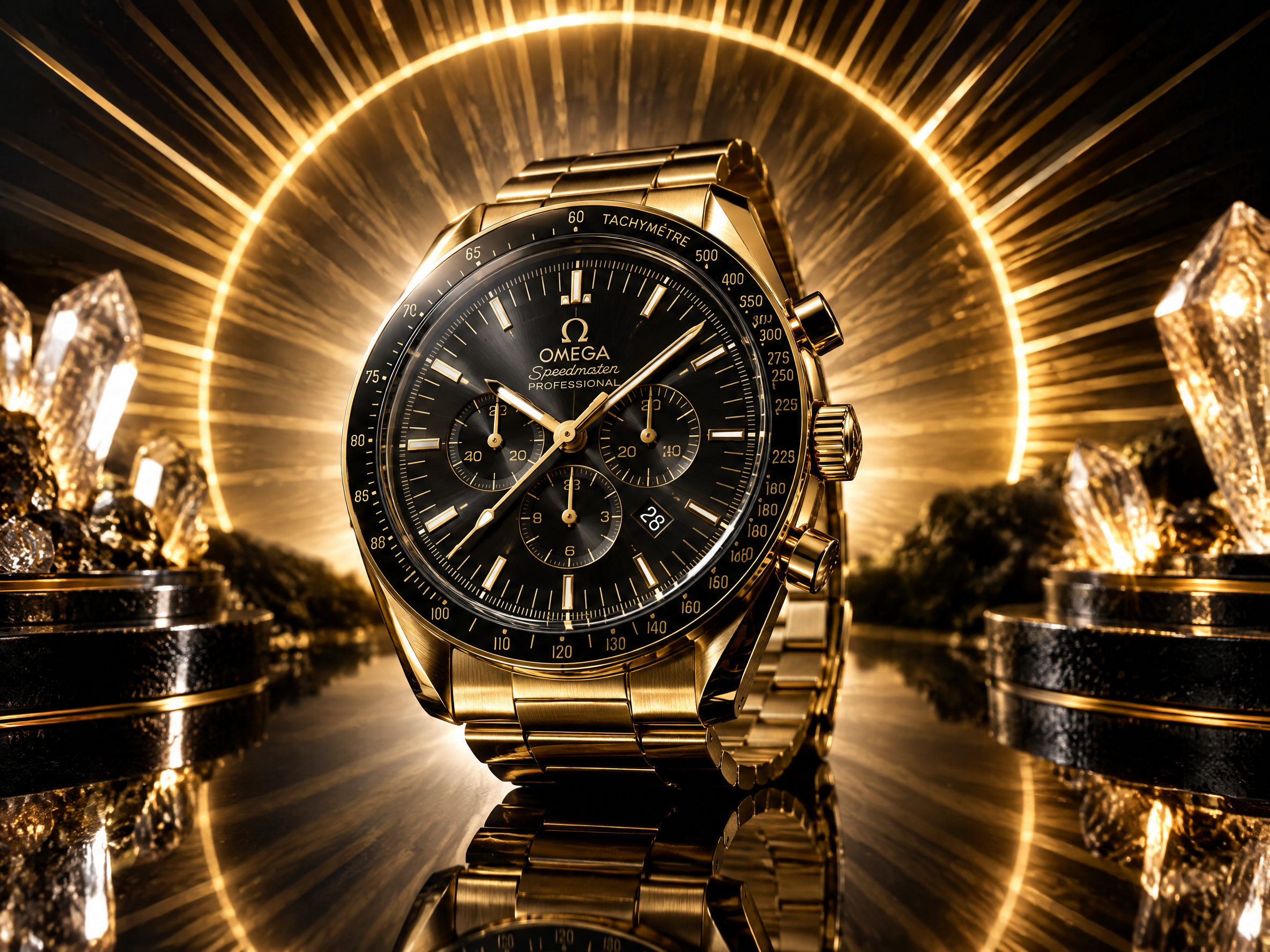Luxury wristwatch product photography with radiant sunburst energy patterns